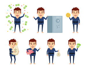 Set of sportsman characters posing with money. Funny karate man holding bag of money, piggy bank, coin and showing other actions. Flat style vector illustration