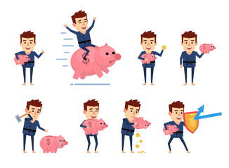 Set of sportsman characters posing with piggy bank. Cheerful karate man holding piggy bank, saving money, putting coins and showing other actions. Flat style vector illustration