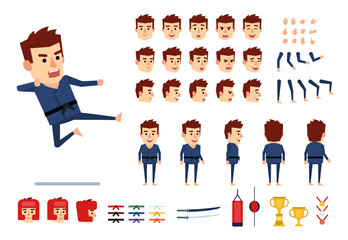 Martial arts, karate master creation kit. Create your own pose, action, animation. Various emotions, gestures, design elements. Flat design vector illustration