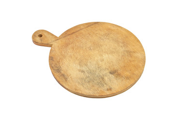 round wooden plank, directly above. Isolated on white background