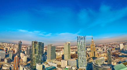 Beautiful panoramic aerial drone view to the center of Warsaw City and 