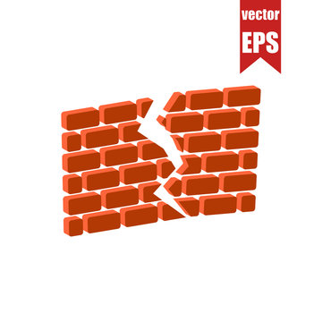 Ruined Brick Wall Isometric Icon.Vector Illustration.