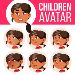 Arab, Muslim Girl Avatar Set Kid Vector. Kindergarten. Face Emotions. Emotional, Facial, People. Fun, Cheerful. Advertisement, Greeting. Cartoon Head Illustration