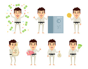 Set of sportsman characters in white kimono posing with money. Funny karate man holding bag of money, piggy bank, coin and showing other actions. Flat vector illustration