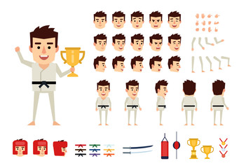 Martial arts, karate master creation kit. Create your own pose, action, animation. Various emotions, gestures, design elements. Flat design vector illustration © paper_owl