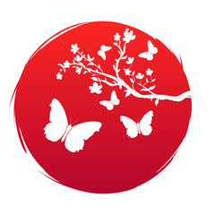 Grunge style flag of Japan art. Branch with sakura flowers and silhouette butterfly icon on background red sun. Summer tree and monarch wings wedding symbol culture. Vector illustration T-shirt print.