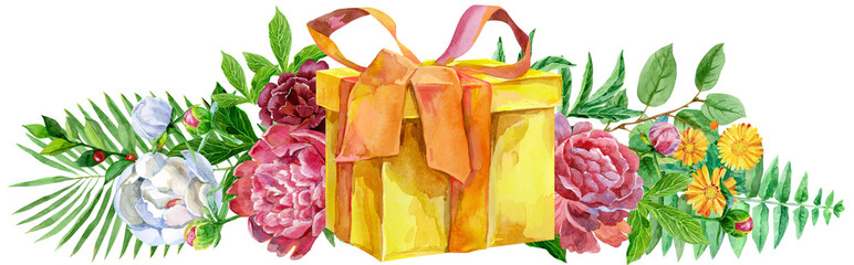 Watercolor llustration with yellow gift box and peonies. For design, print or background