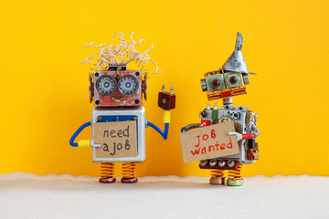 Job search concept. Two robots wants to get a job. Smiley unemployed robotic characters with a...