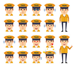 Set of taxi driver emoticons showing various facial expressions. Happy, sad, angry, dazed, in love, surprised, tired and other emotions. Simple vector illustration