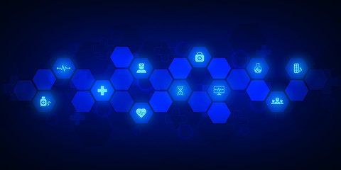 Abstract medical background with flat icons and symbols. Concepts and ideas for healthcare technology, innovation medicine, health, science and research.