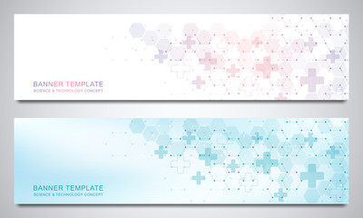 Fototapeta na wymiar Banners and headers for site with medical background and hexagons pattern. Abstract geometric texture. Modern design for decoration website and other ideas.