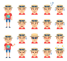 Set of tourist emoticons showing various facial expressions. Happy, sad, angry, laugh, cry, surprised, dazed, in love and other emotions. Simple vector illustration