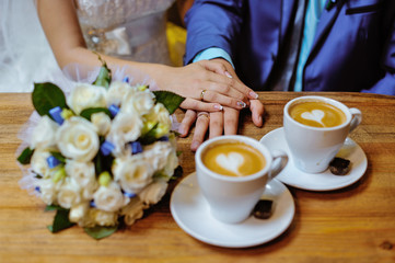Fototapeta na wymiar man and woman hands. love and cup coffee concept