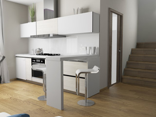 modern domestic Kitchen, stylish interior design, 3 d rendering image