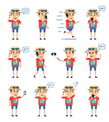 Set of tourist characters with phone showing various actions. Funny tourist talking on phone, taking photo, walking, running and showing other actions. Flat style vector illustration