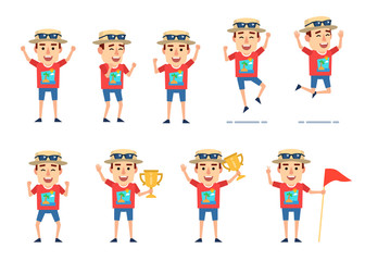 Set of tourist characters showing various success actions. Funny tourist celebrating, holding winners cup, jumping and showing other actions. Flat style vector illustration