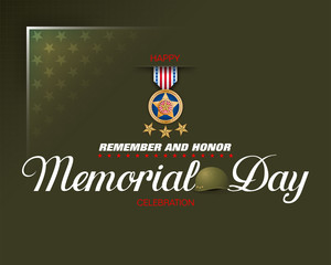 Holiday design, background with handwriting texts, military medal and national flag colors for Memorial day, event, celebration; Vector illustration