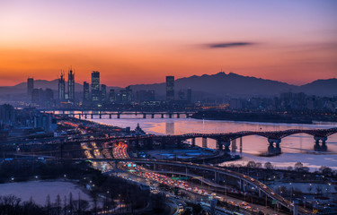 Twilight sky at han river in seoul city south Korea 