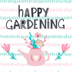 Happy gardening modern calligraphy lettering and cute flower pots and flowers on sweet textured background.Spring vector illustration