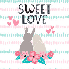 Sweet bunny rabbits couple on textured background. T-shirt or stationery design,love card