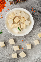 tofu (soy cheese) asian cuisine. copy space. food background. top
