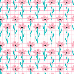 Seamless pattern background with flowers and cute bunny rabbits. Seamless ditsy floral pattern.
