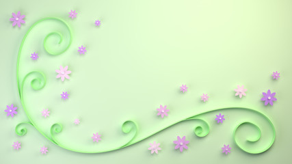 cute flowers cut out of paper in shades of purple and pink along a stylized curved stalk on a green background, 3d background illustration