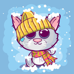 Cute Cartoon kitten on a snow background - Vector