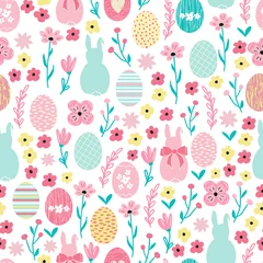 Fototapeten Seamless pattern background with flowers and cute bunny rabbits. Seamless ditsy floral pattern for Easter design. © saltoli