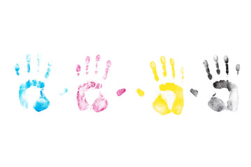 CMYK Color hand prints on white background. Cyan, Magenta, Yellow, Black laser printer toner.