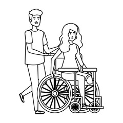 young woman in wheelchair with male helper