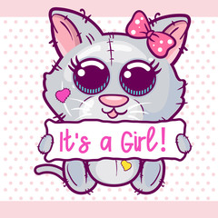 Baby Shower Greeting Card with cute kitten girl Cartoon - Vector