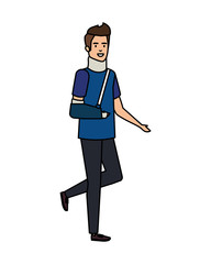 man with orthopedic collar and plastered arm