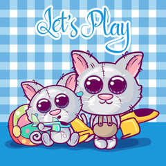 Greeting card Kittens boy and girl on a toys background - Vector