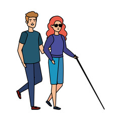 blind woman with walking stick and helper