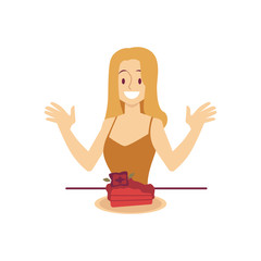 Excited smiling woman is looking at piece of cake cartoon style