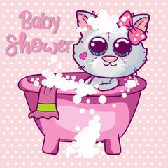 Baby Shower Greeting Card with cute kitten girl Cartoon - Vector
