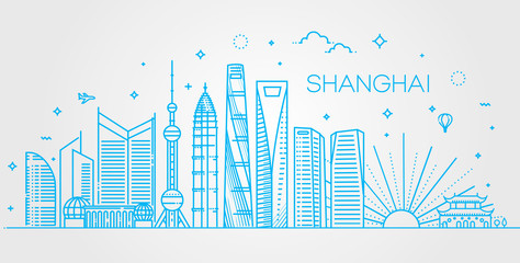 Shanghai architecture line skyline illustration. Linear vector cityscape with famous landmarks