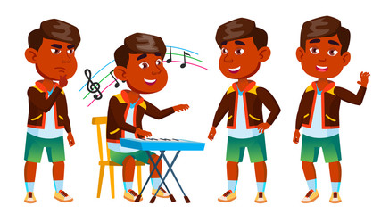 Indian Boy Kindergarten Kid Poses Set Vector. Baby Expression. Preschooler. Life. For Postcard, Announcement, Cover Design. Isolated Cartoon Illustration