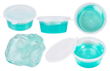 Green slime for kids, transparent funny toy. Slime is in a transparent circle container.  Isolated on Withe Background 