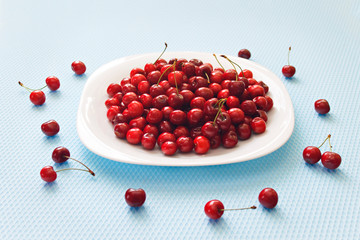 Cherry on a white plate on a blue background. Summer berries. Cherry spread out on a light background