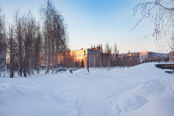 Fototapeta na wymiar Path in the snow in the city Park. Winter