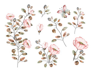 Fototapeta premium Watercolor drawing of twig with leaves and flowers. Botanical illustration .An arrangement of pink flowers and colorful leaves. A set of floral elements.