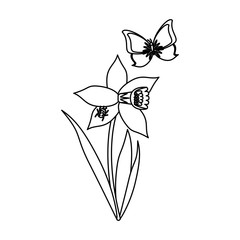 Beautiful flower with leaves cartoon in black and white