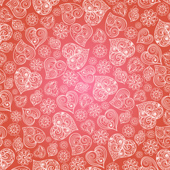 Seamless background pattern with hearts. The ornament consisting of white hearts on a red background. Use for wallpaper, gift wrapping, for the manufacture of cards for St. Valentine's Day.