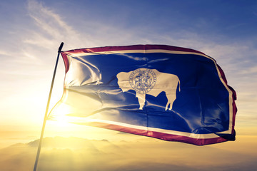 Wyoming state of United States flag waving on the top sunrise mist fog - obrazy, fototapety, plakaty