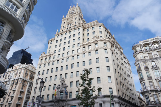 Telefonica Building (Edificio Telefonica) at Gran Via street in Madrid, Spain