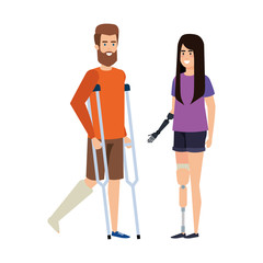 man in crutches with woman with prosthesis