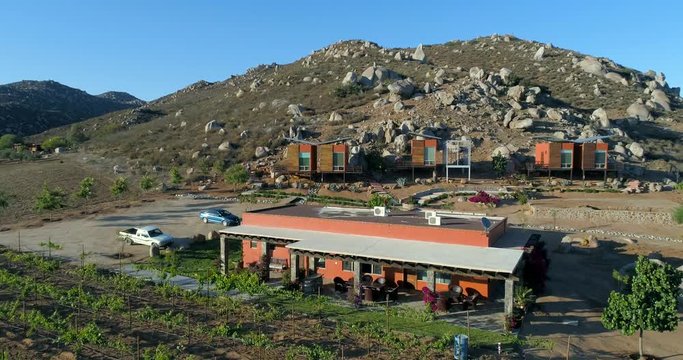 Aerial shot of a vineyard and a litle hotel in Valle de Guadalupe