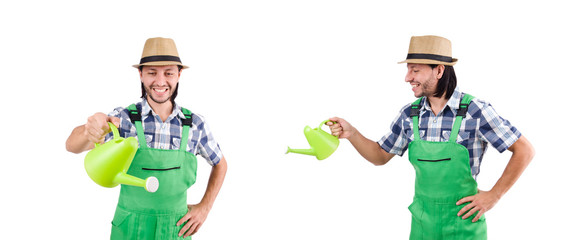 Young cheerful gardener with watering can isolated on white